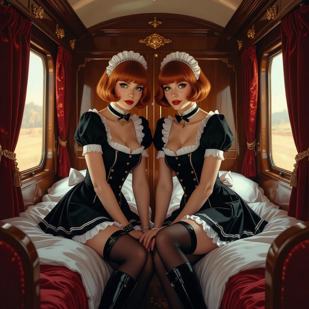 French Maids on Luxury Train in Matte Painting Style