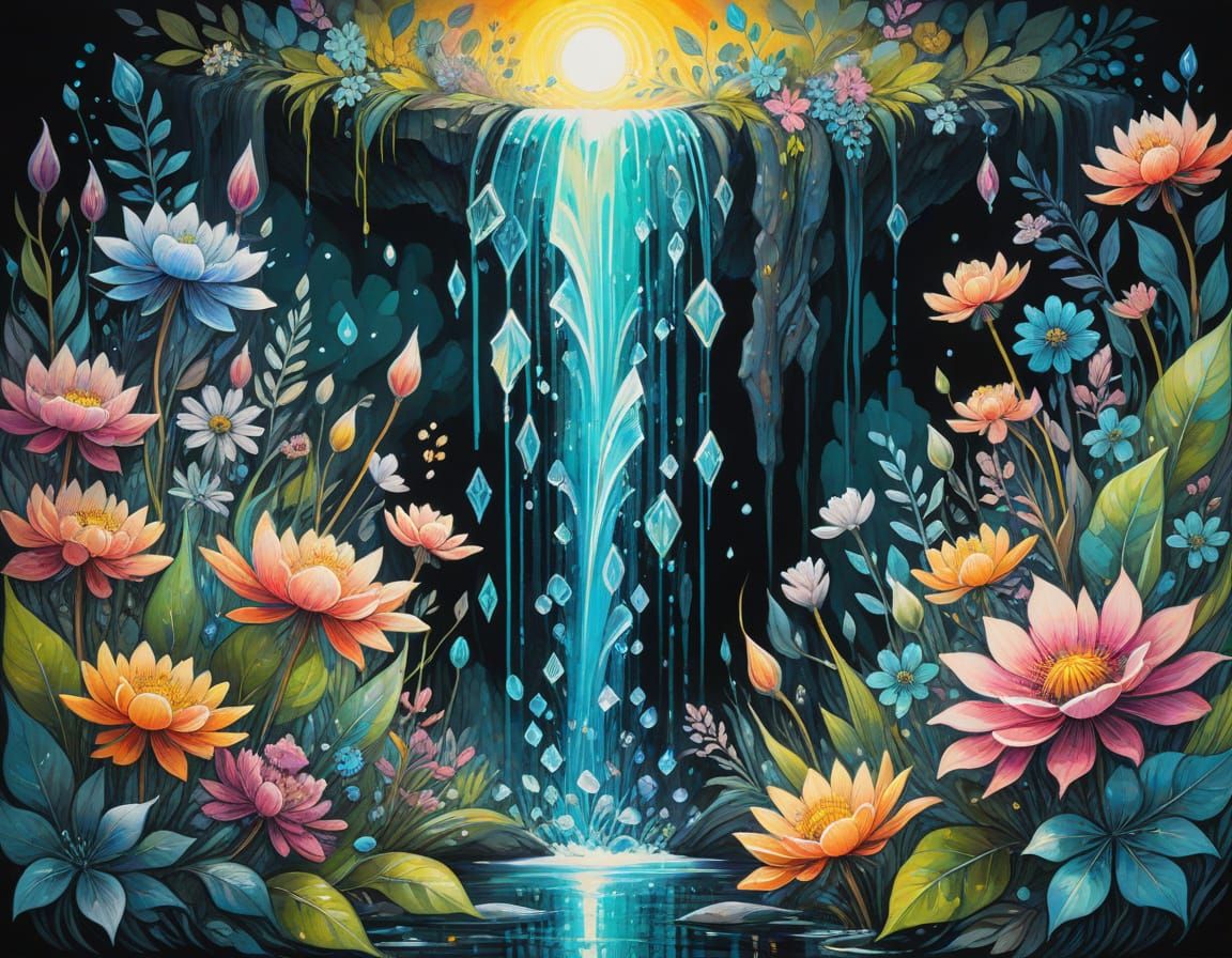 Crystal Waterfall in Vibrant Iridescent Glasswork