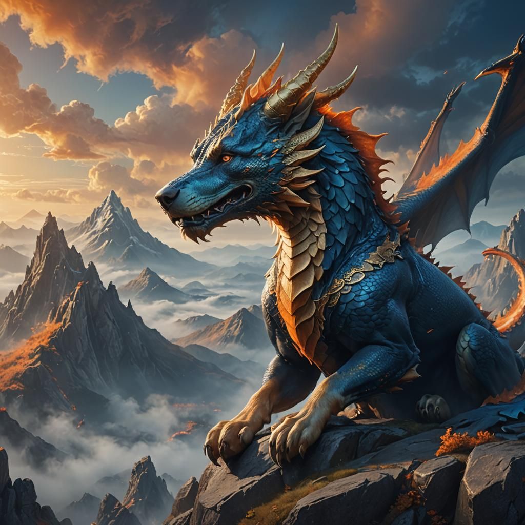 Dog-Dragon Hybrid on Misty Peak: Fantasy Art