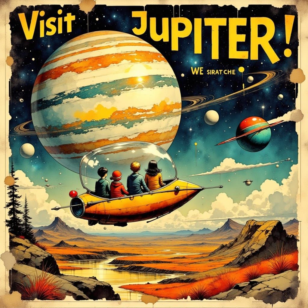 A 1950s style Travel Poster advertising a trip to Jupiter in your own personal spaceship.