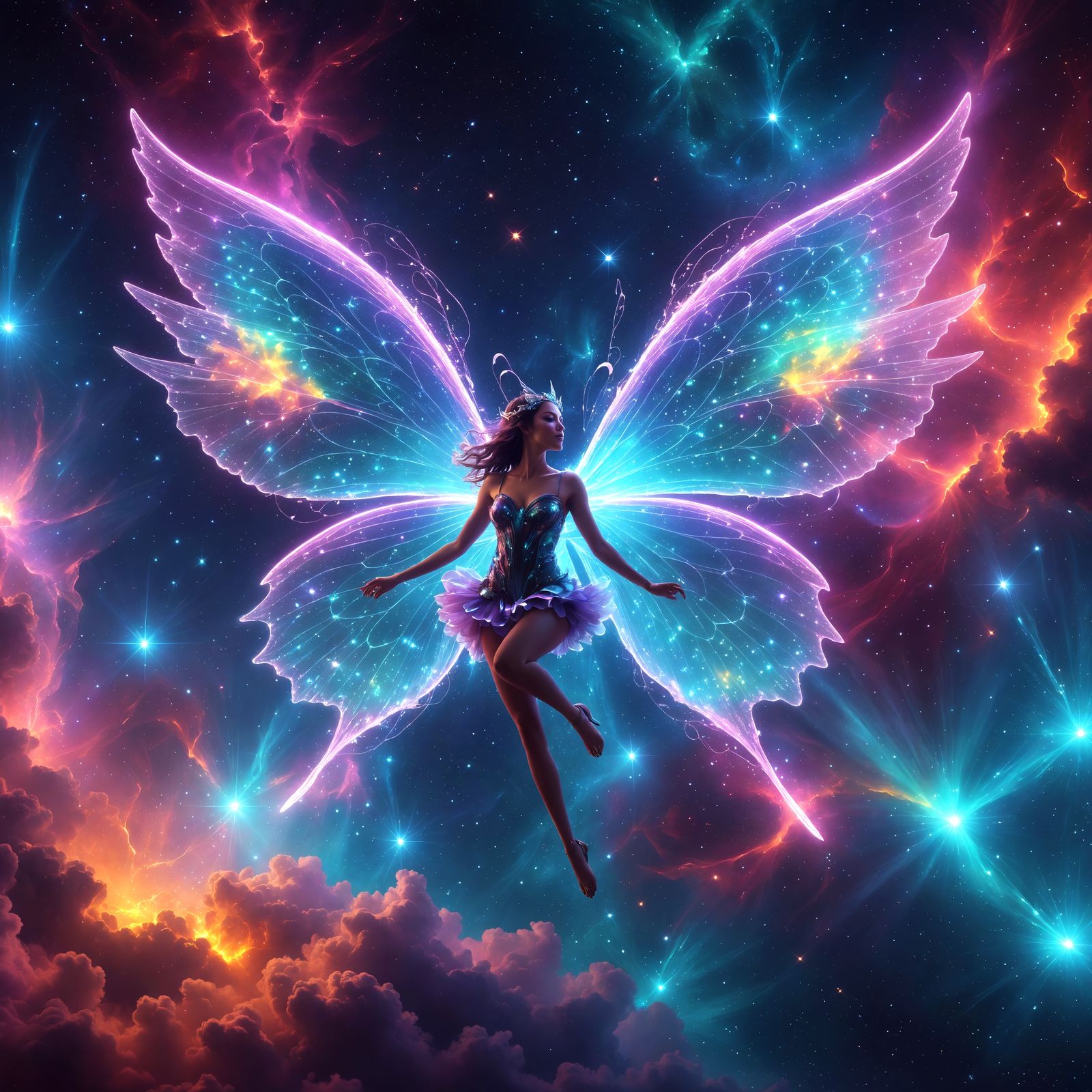 Neon fairy with large holographic wings blowing magic over a...
