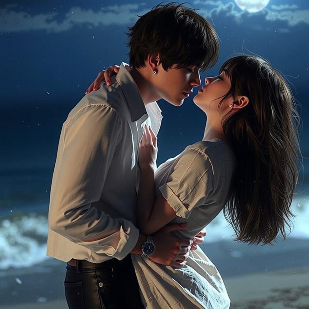 Romantic Moonlit Beach Couple in 3D Anime Style