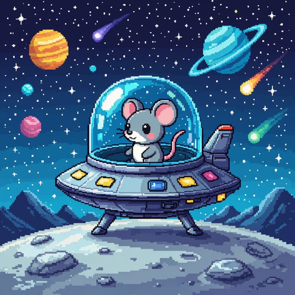 Pixel Cartoon: Mouse in Alien Spaceship on Moon