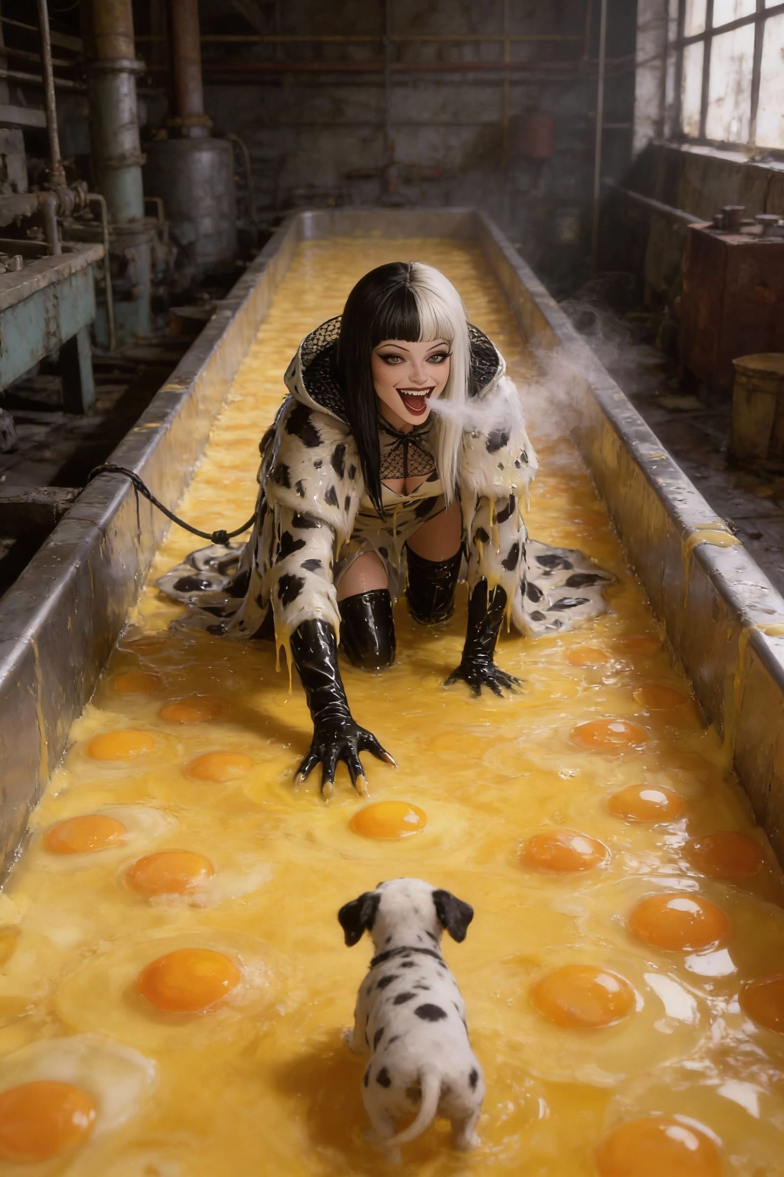 Woman Submerged in Egg Yolks Reaching for Puppy
