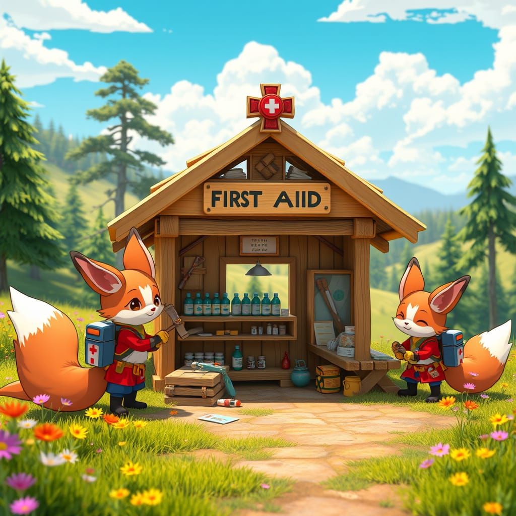 Whimsical Kitsune Summer Camp First Aid Station in Fantasy C...