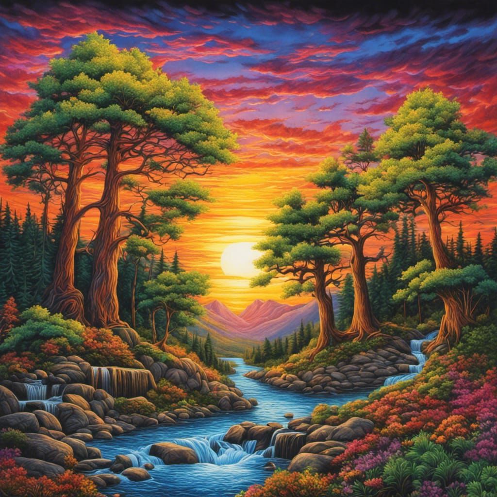 Colorful Forest Creek Under Sunrise in Graffiti Art Style