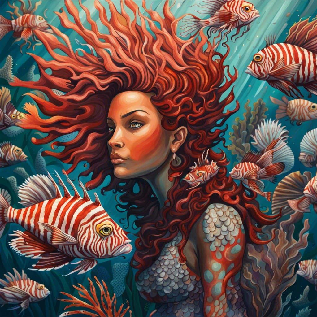 Lionfish Mermaid in Detailed Gouache Painting