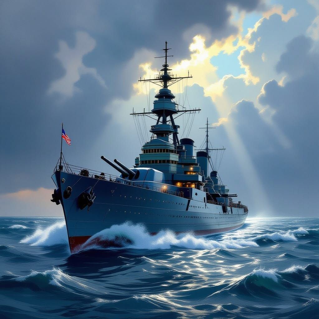 USS Tennessee Battleship Sailing in Dramatic Seas