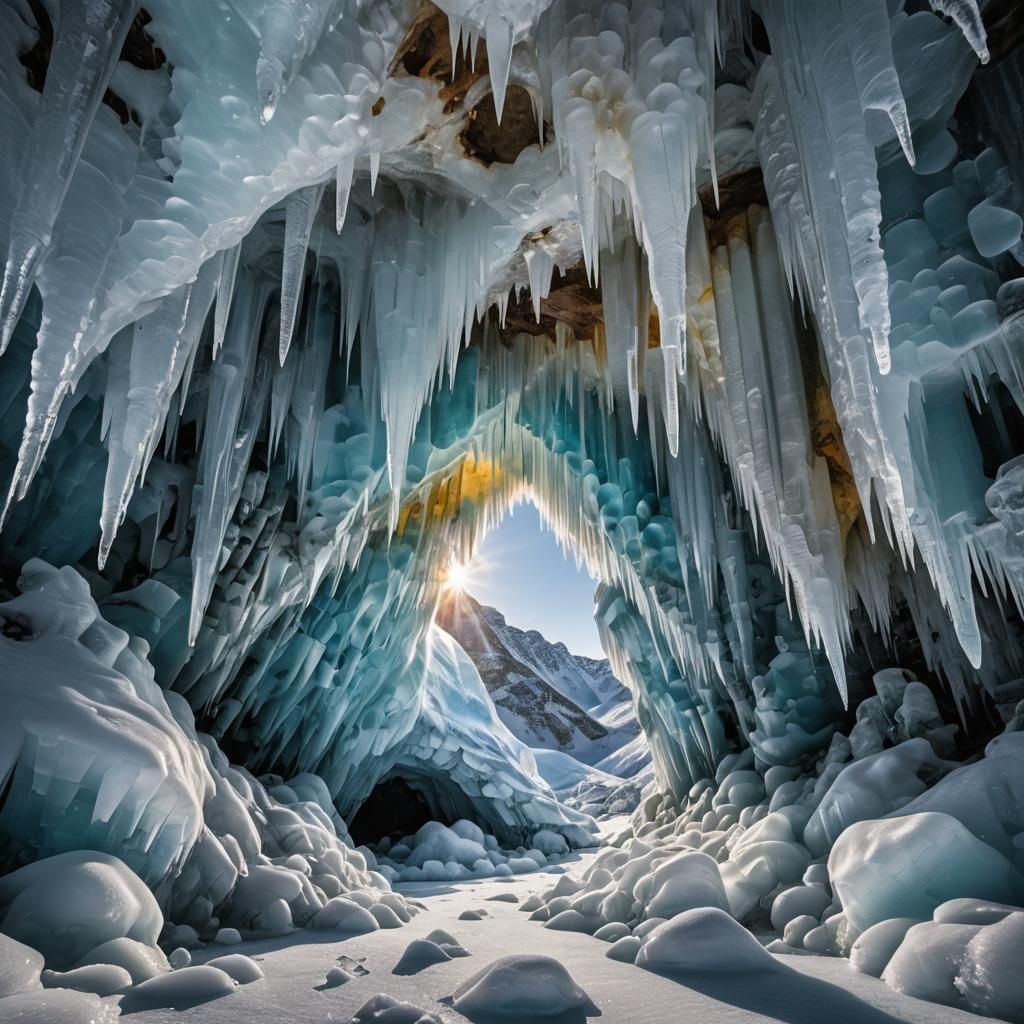 A majestic ice cave adorned with intricate frozen formations...