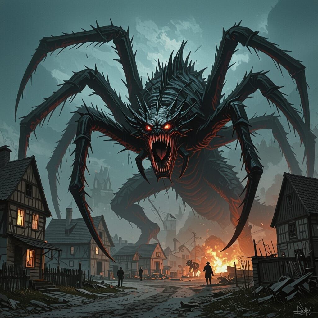 Dragon-Spider Hybrid Ravages Town in Gothic Horror