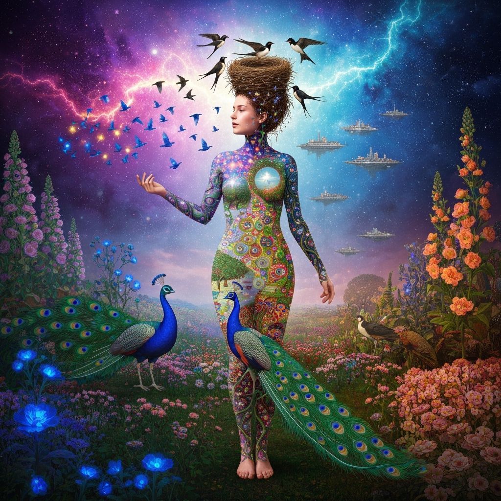 Ethereal Woman Transforms into Iridescent Birds Amidst Cosmi...