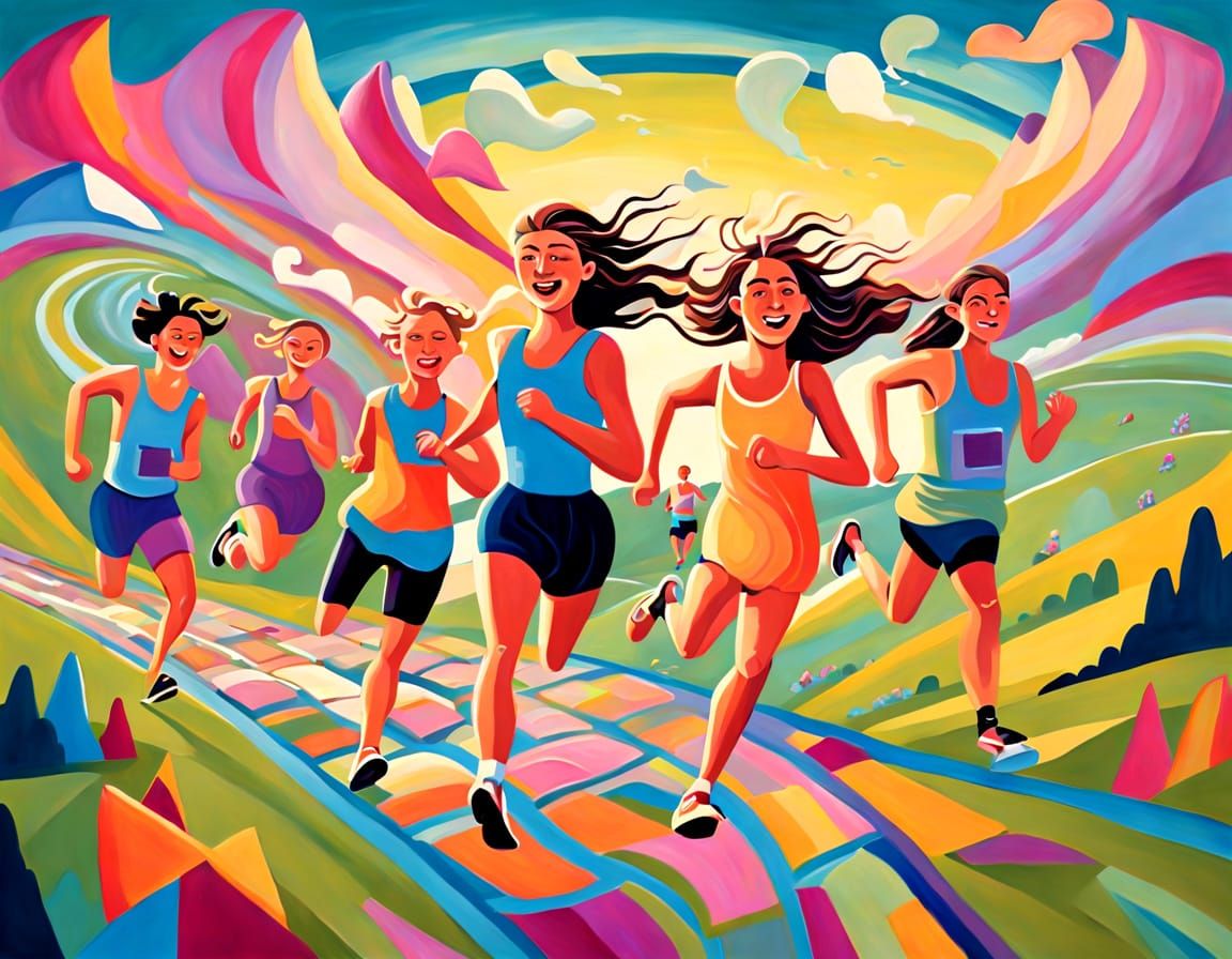 Whimsical Painting of Readers Running on Track