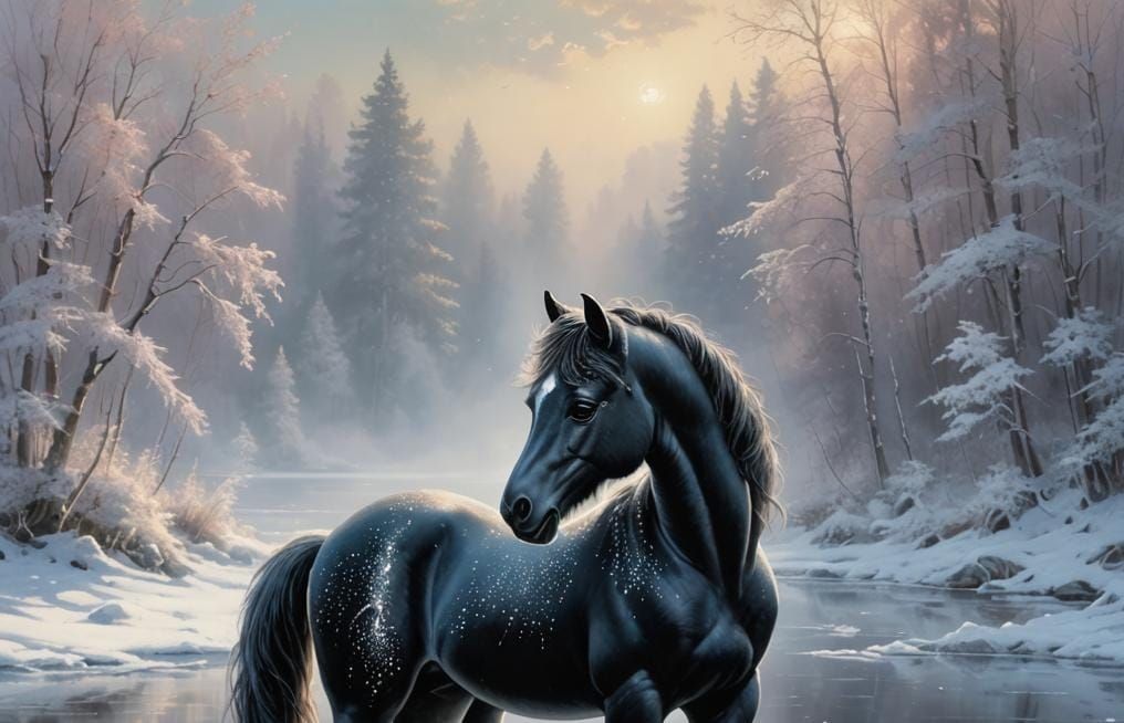 Black Glass Foal on Frozen Lake in Fantasy Style