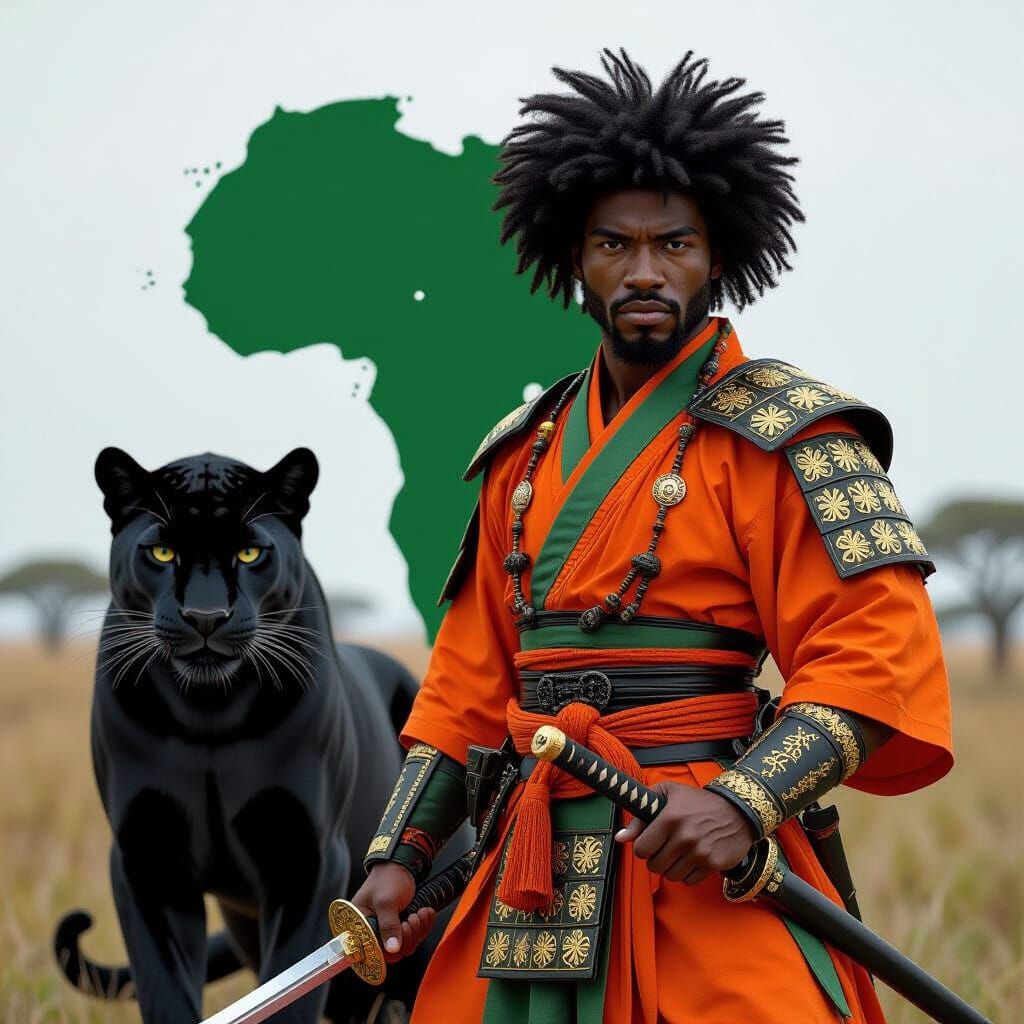 African Samurai Warrior with Panther and Sword