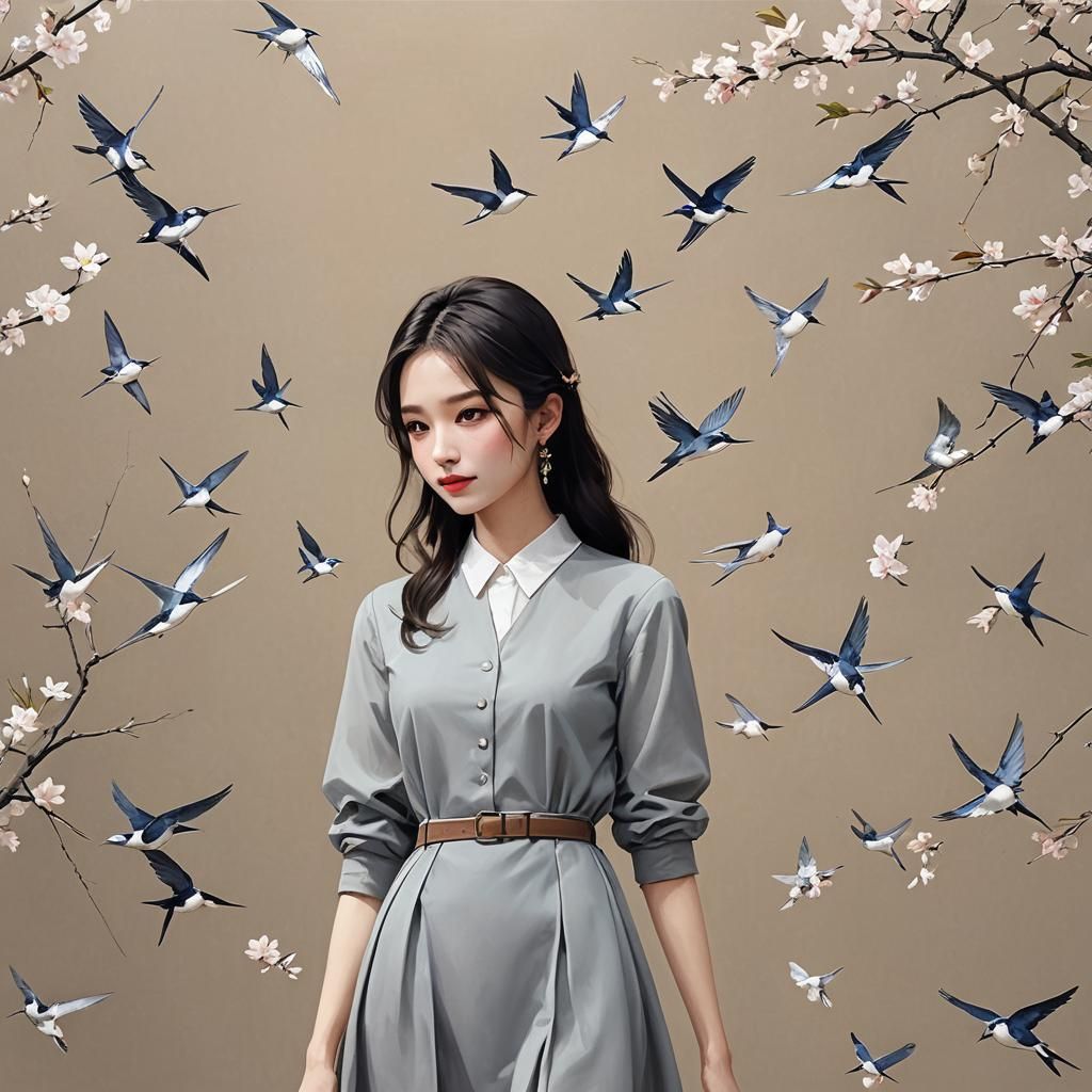 Elegant Slender Girl in Simple Clothes