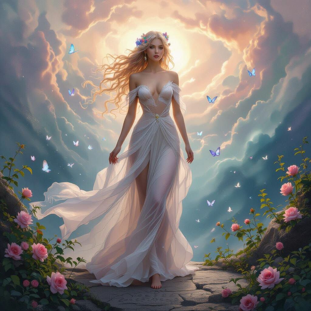 Ethereal Goddess Emerges from Dreamscape, Watercolor Style