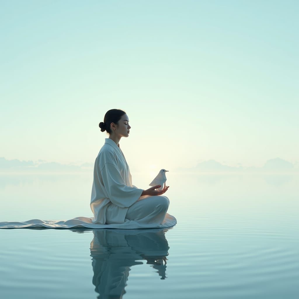 Meditator on Water with Origami in Serene Setting