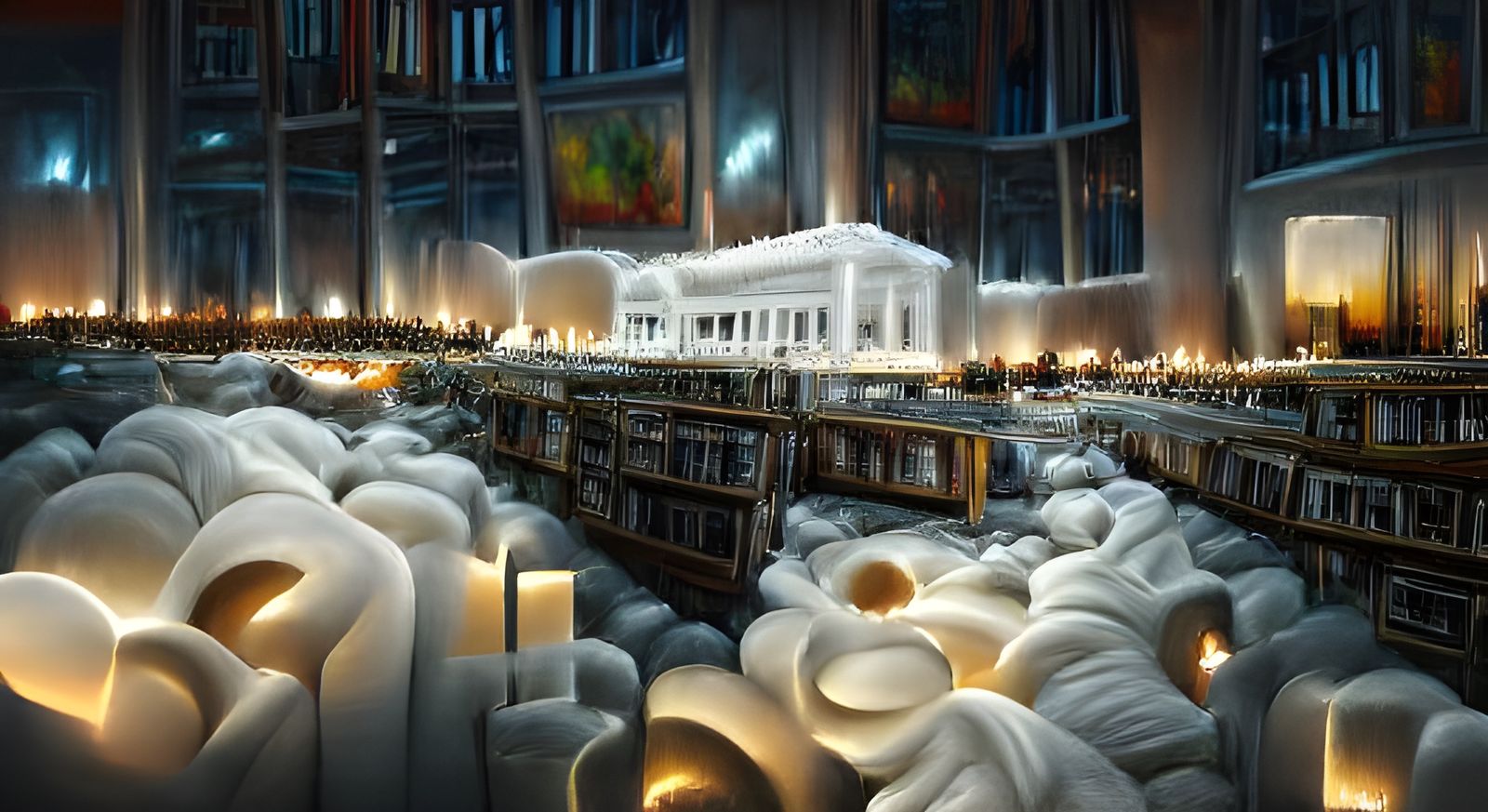 Spectacular Night Library: Detailed Digital Oil Painting