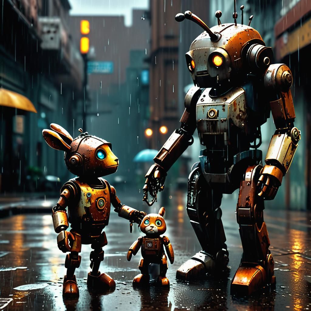 Rusted Robot Tenderly Holds Frightened Bunny in the Rain