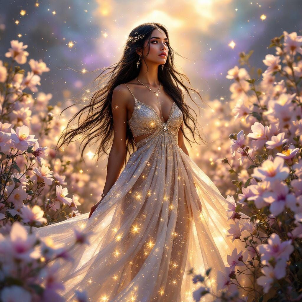 A serene native American woman stands in a field of white fl...