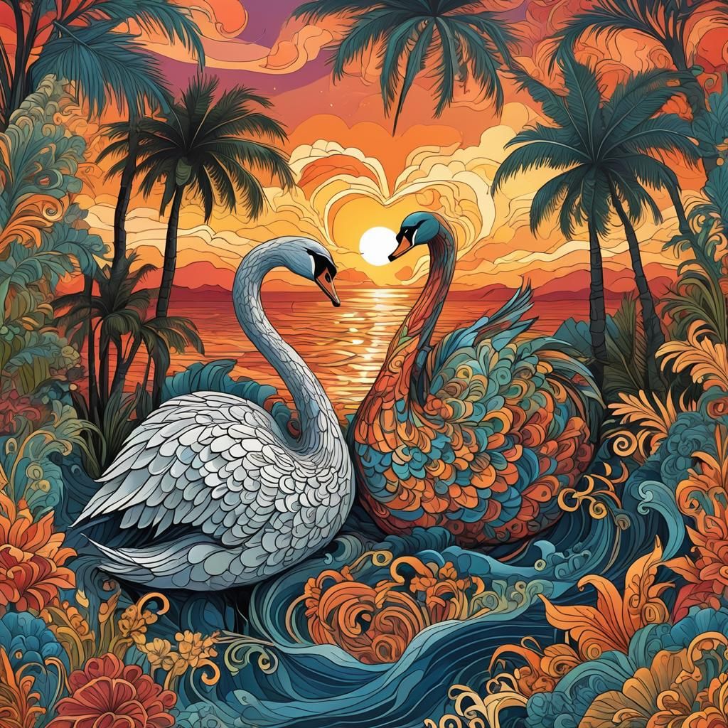 Tropical Sunset with Swan Heart: Abstract Vector Art