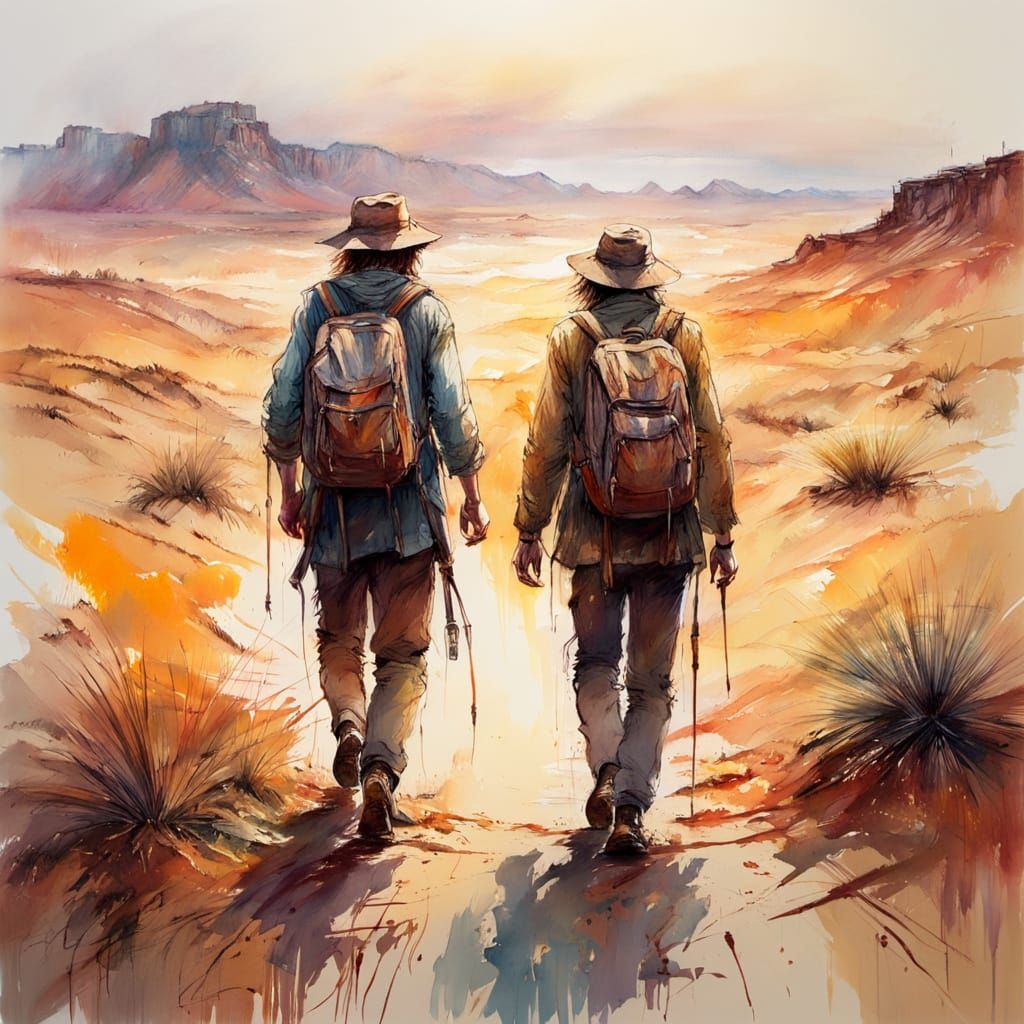 Desert Travelers in Impressionist Gouache Painting