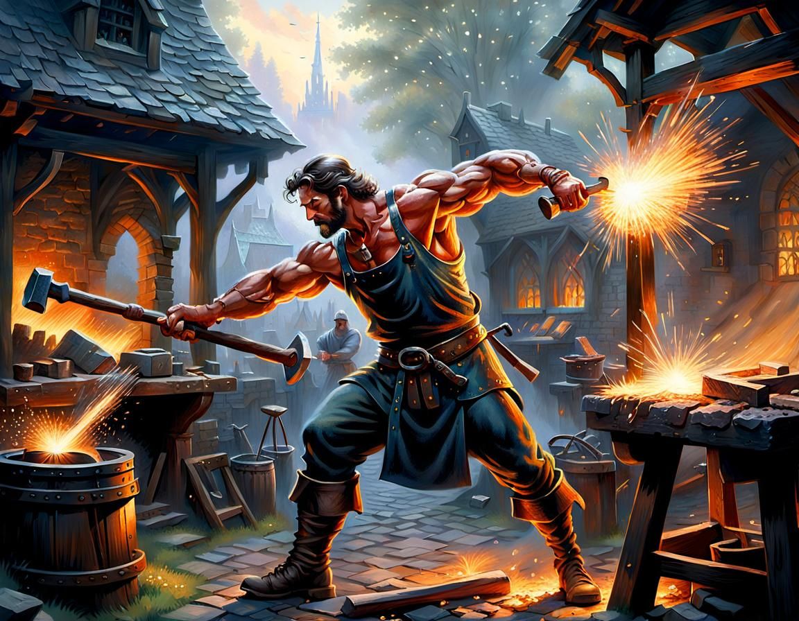 Medieval Blacksmith Forging Metal in Ethereal Fantasy Style