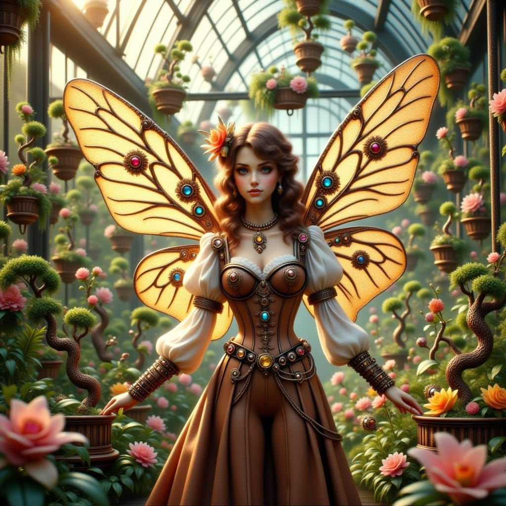 Steampunk Fairy in Victorian Greenhouse