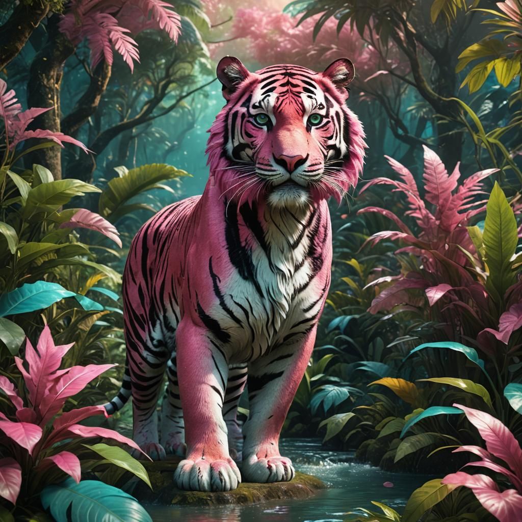 Fantasy Pink Tiger in Lush Jungle Environment