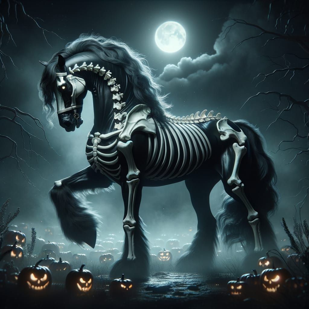 Friesian Stallion in Skeleton Costume for Halloween