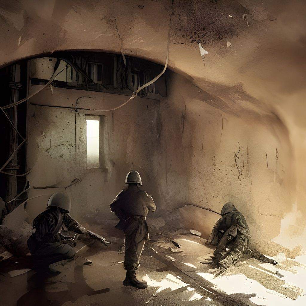 WWII Soldiers in Bunker, Sinister Art Style