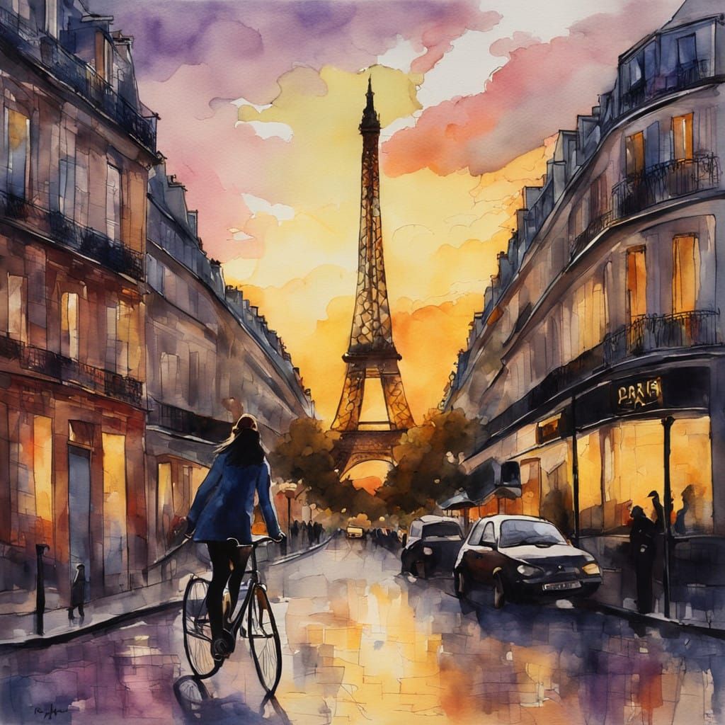 Whimsical Parisian Bike Ride in Watercolour Style