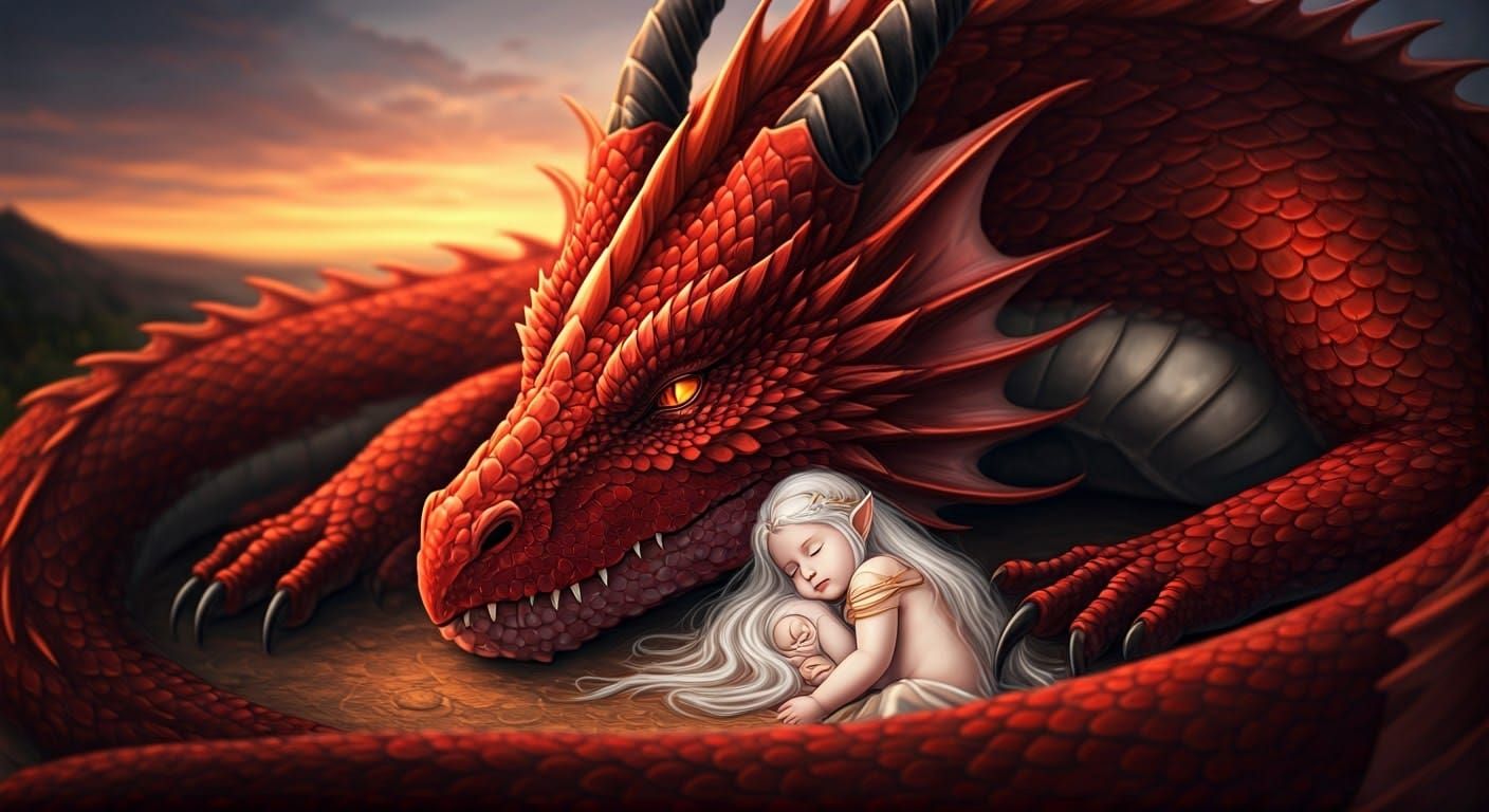 Red Dragon and Sleeping Elf Princess at Sunset