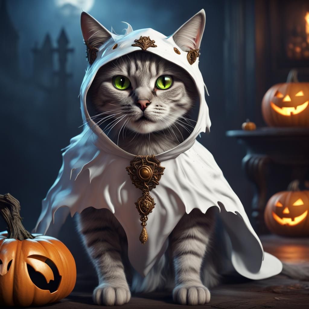 Cat in Ghost Costume, Fantasy Concept Art