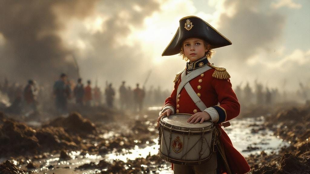 Napoleonic Drummer Boy Amidst Battlefield Chaos