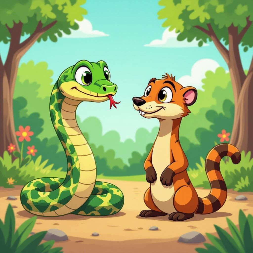 Cartoon Snake and Mongoose as Unlikely Friends