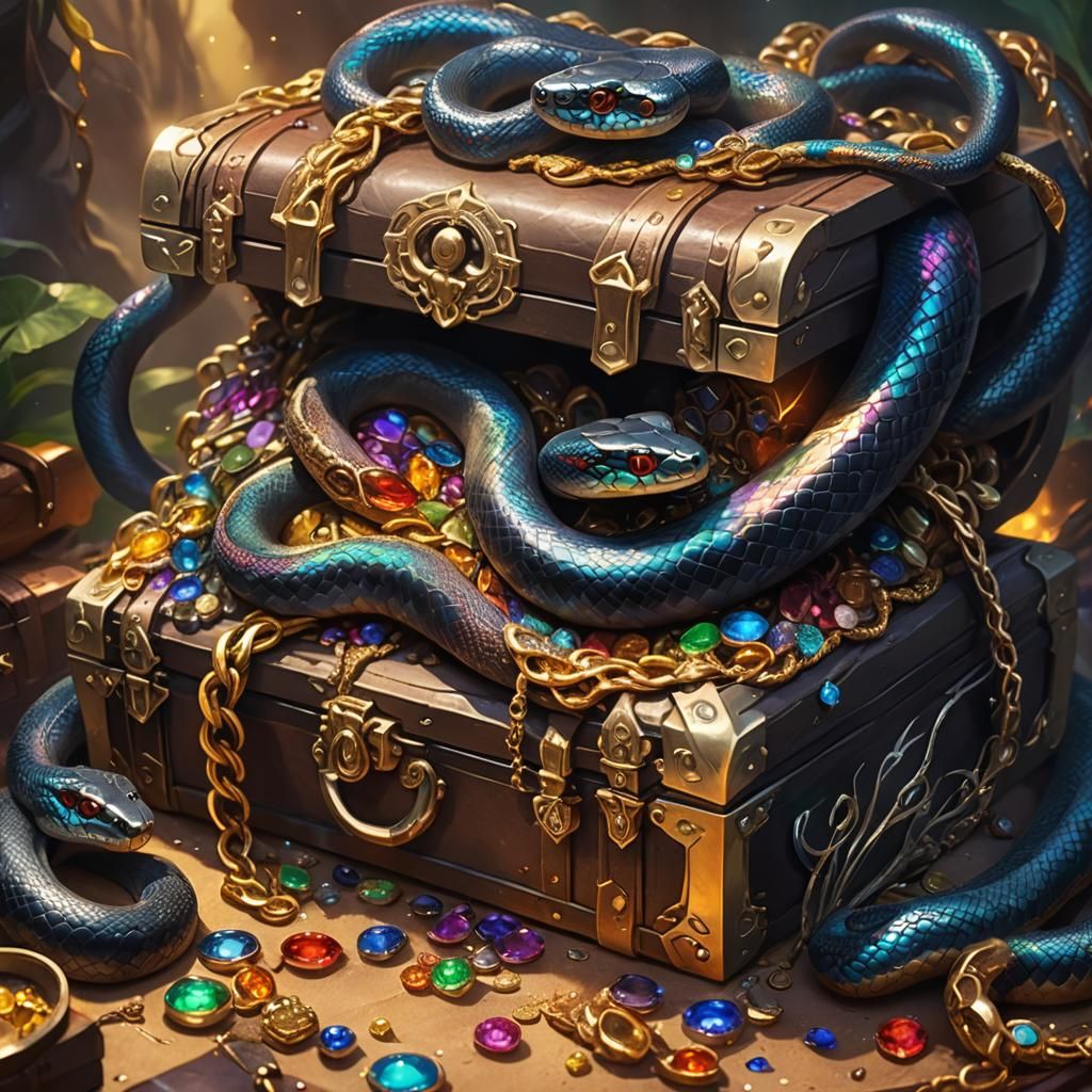 Rainbow Serpent Coils Around Jeweled Treasure Chest