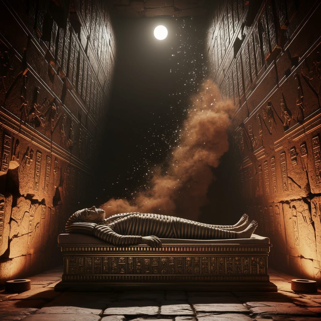Mummy Rises From Sarcophagus in Shadowy Tomb