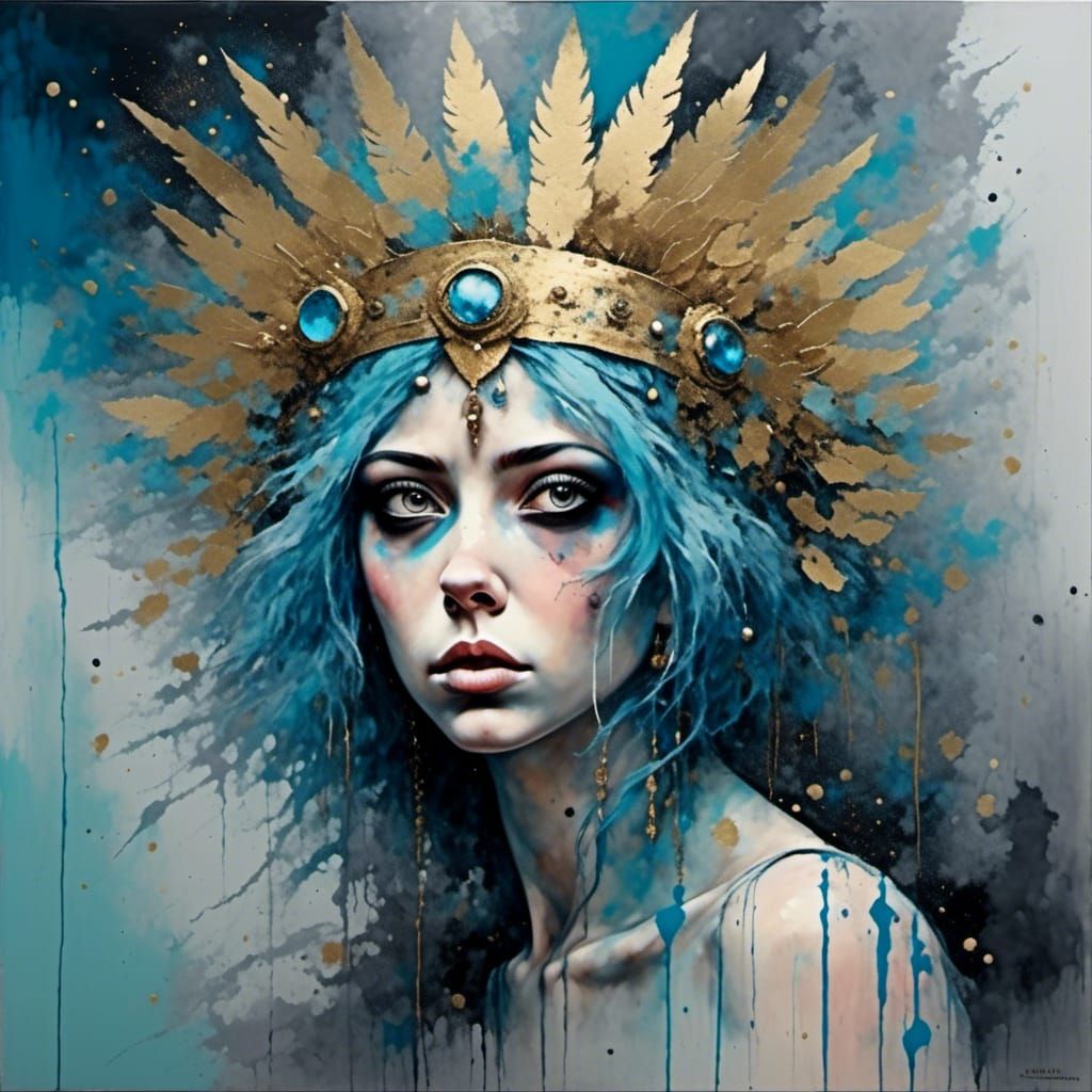 Portrait of a Blue-Haired Warrior in Pastel Illustration Sty...
