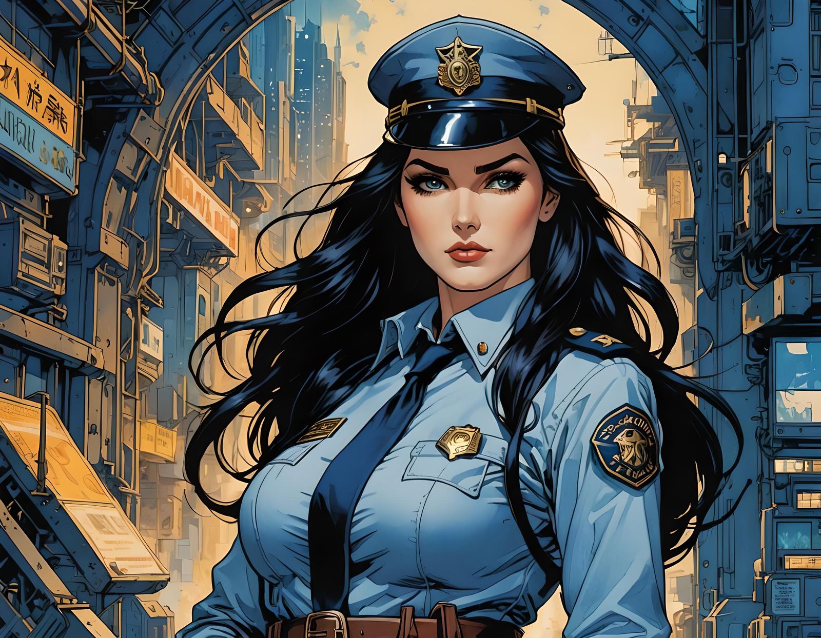 Futuristic Policewoman in Comic Book Style