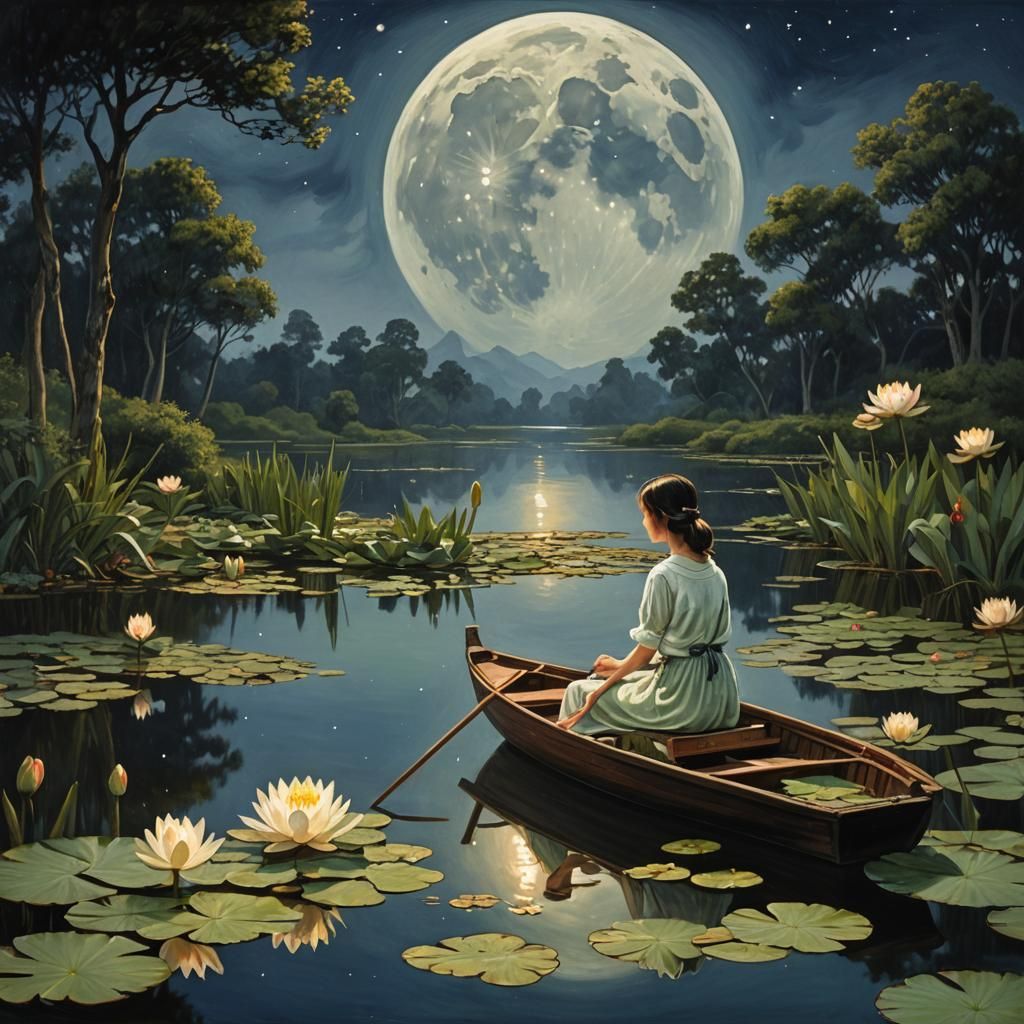 Girl in Boat on Moonlit Water Lily Lake