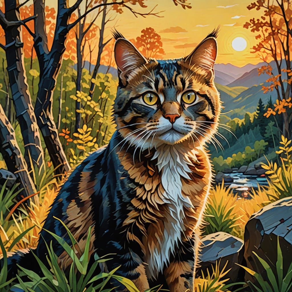 Daniel Boone Cat Explores Wilderness as Gouache Painting