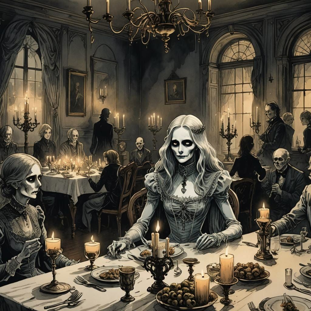 Ghostly Lady's Dinner Party: Gothic Horror Art
