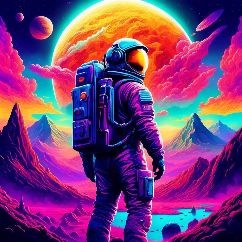 Psychedelic Astronaut in Epic Cyberpunk Landscape