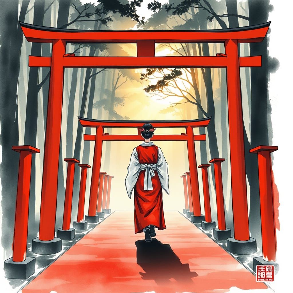 Shinto Miko Walks on Vermilion Torii Gates in Misty Forest