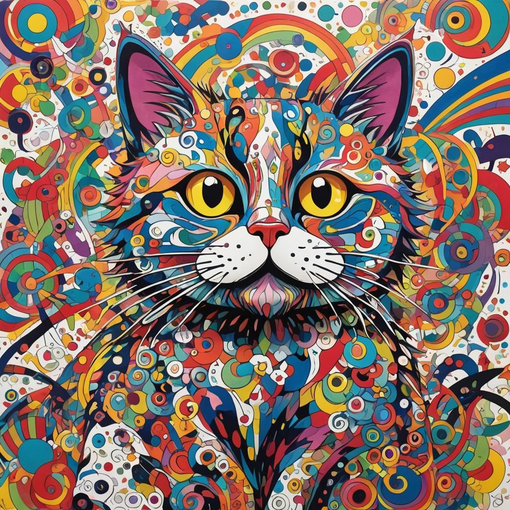 Whimsical Cat in Colorful Chaos, as Crayon Drawing
