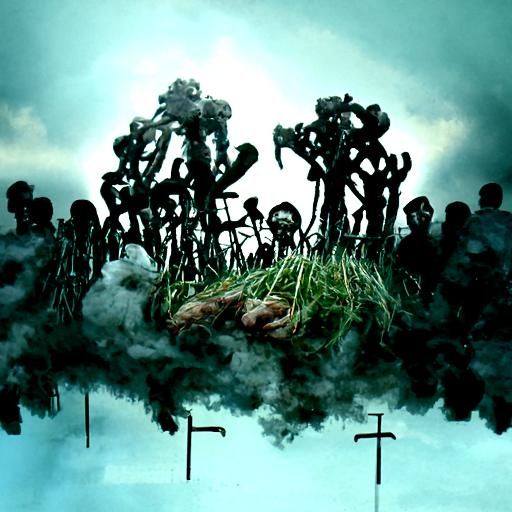 Disturbing Fleshy Mass of Corpses in Foggy Field