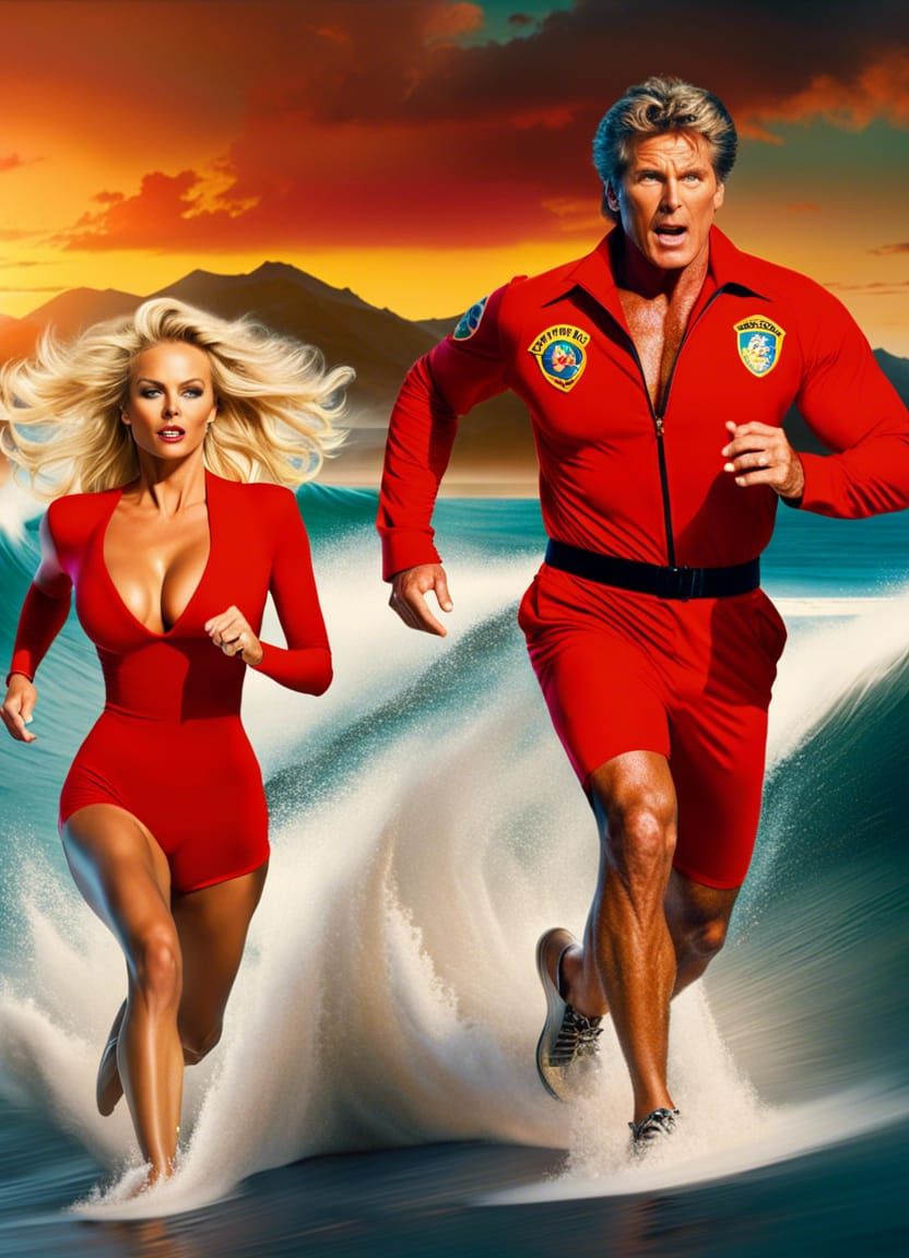 Pamela Anderson and David Hasselhoff in a Baywatch surf sprint to a rescue