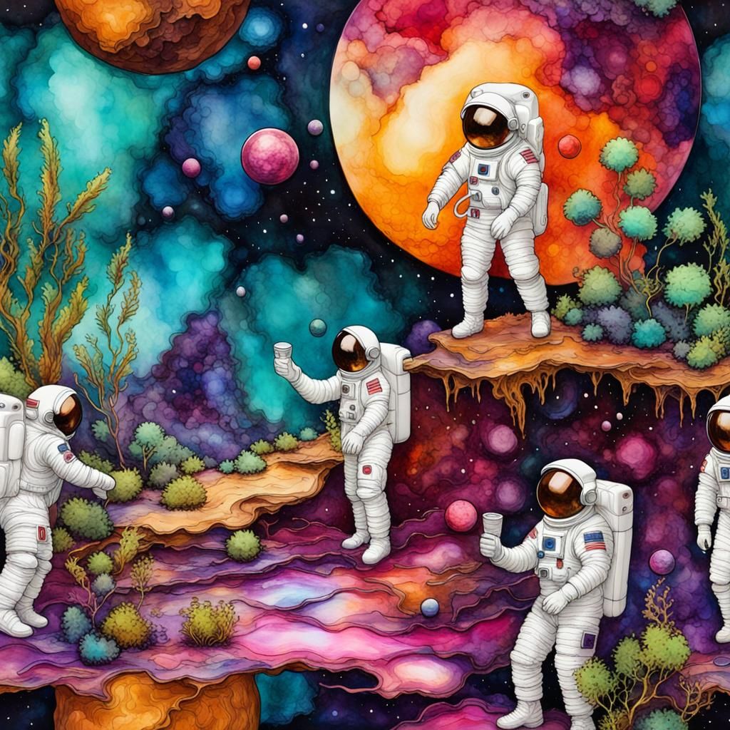 Astronauts Explore Alien Planet in Alcohol Ink Art