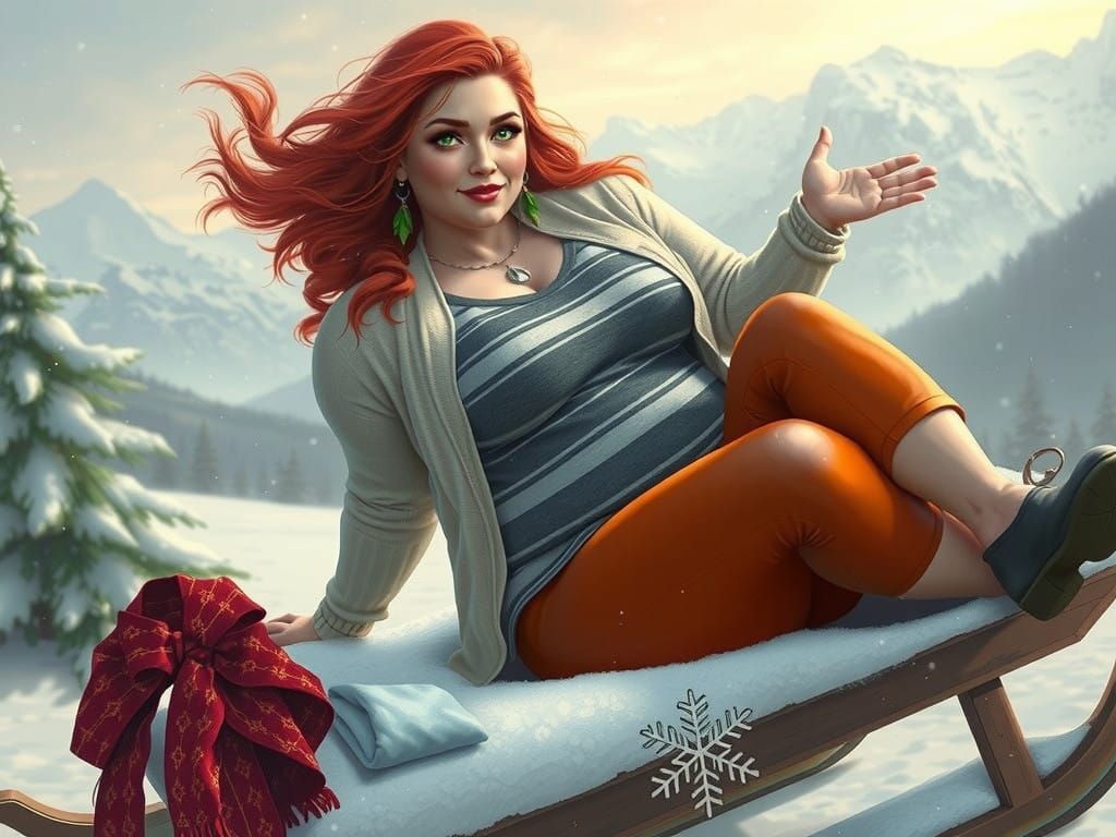 Fantasy Realism Portrait of Red-Haired Woman in Snowy Mounta...